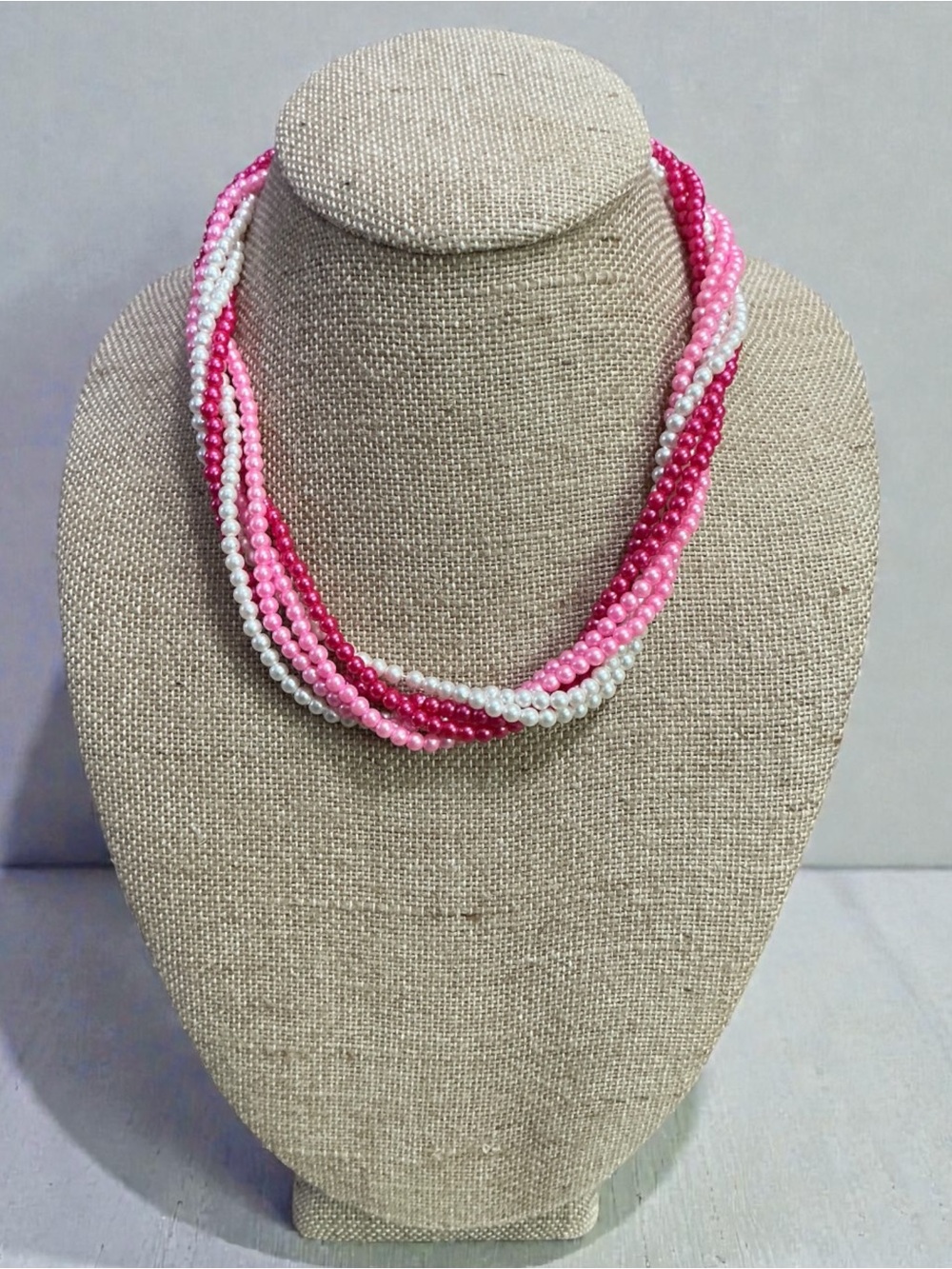 Twisted Pearl-Style Bead Necklace in Pink & White